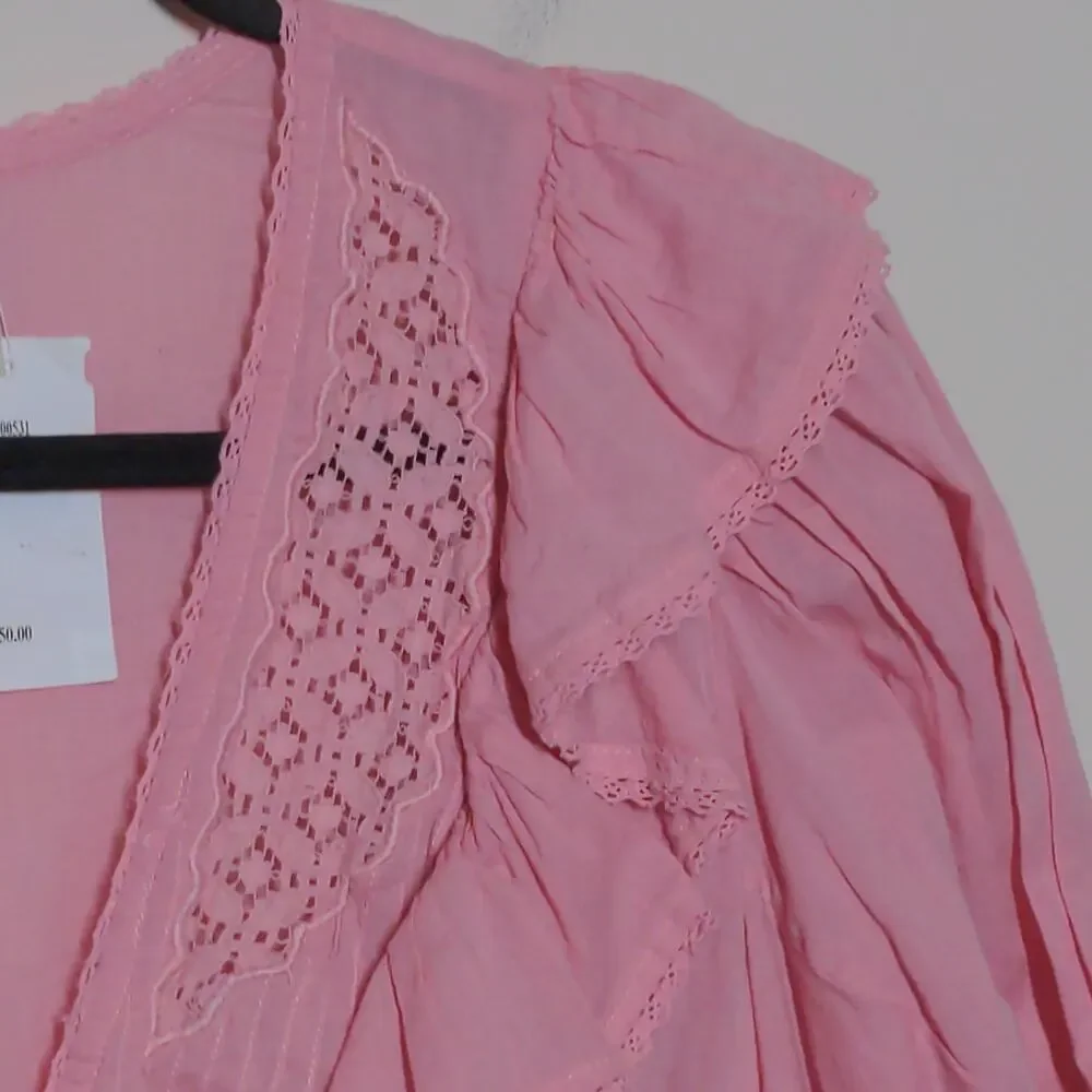 Farm Rio Puff-sleeve Ruffle Cotton Blouse In Pink – Size M– NWT